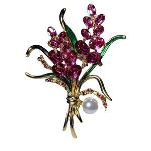 Pink Floral Brooch/Pendant Pink Rhinestones, Green Enamel Pearl
